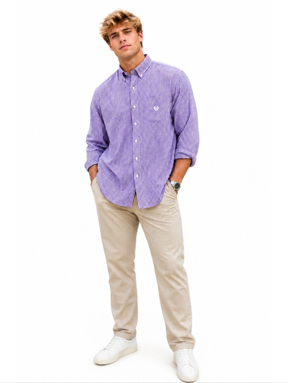 Chaps Men's XXL Tall Purple White Gingham Check Stretch Button Down Shirt.